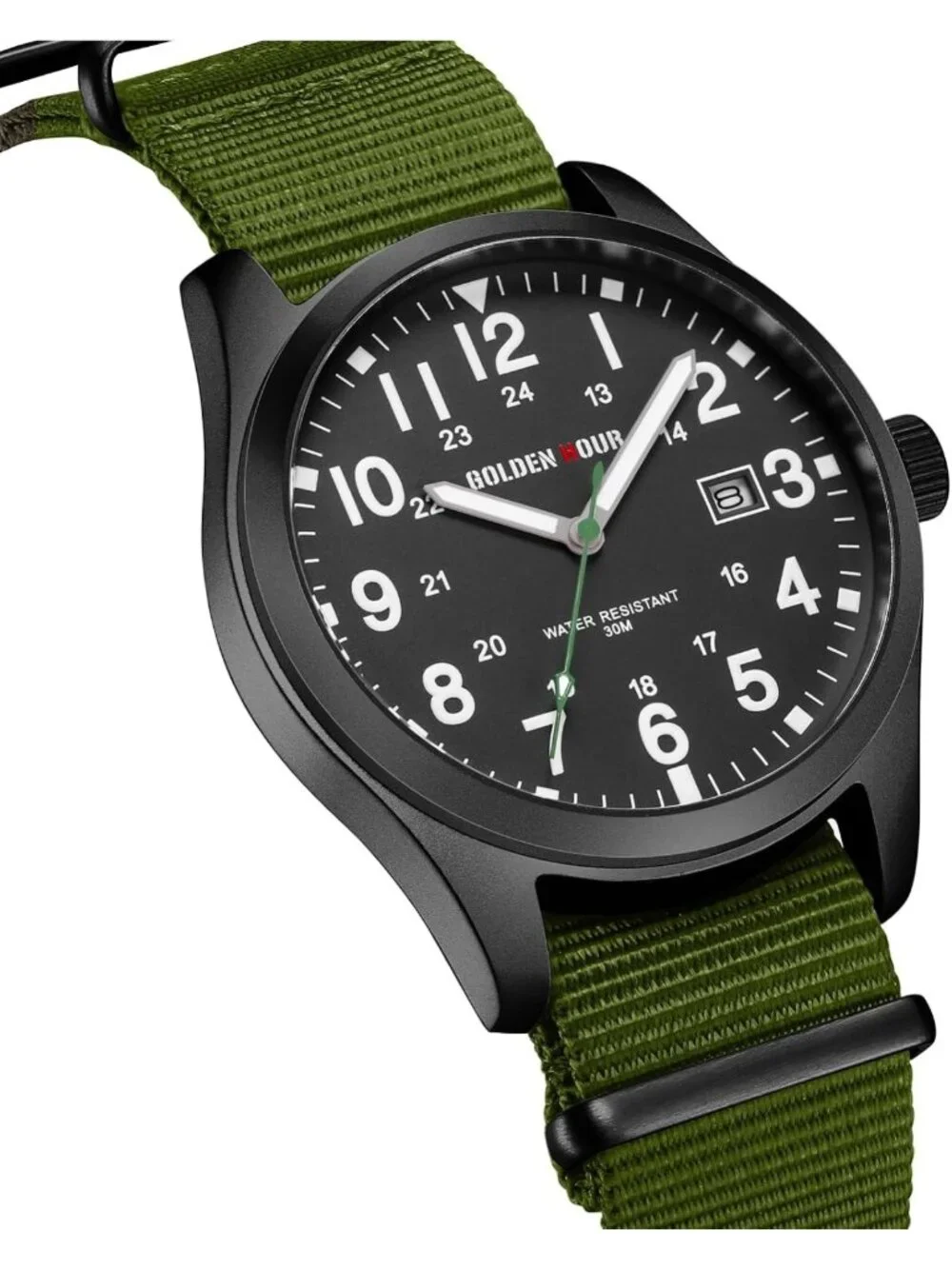 Men's Nylon Slip-Thru Strap Watch, Military Time, Easy Read Dial, Glowing Hands